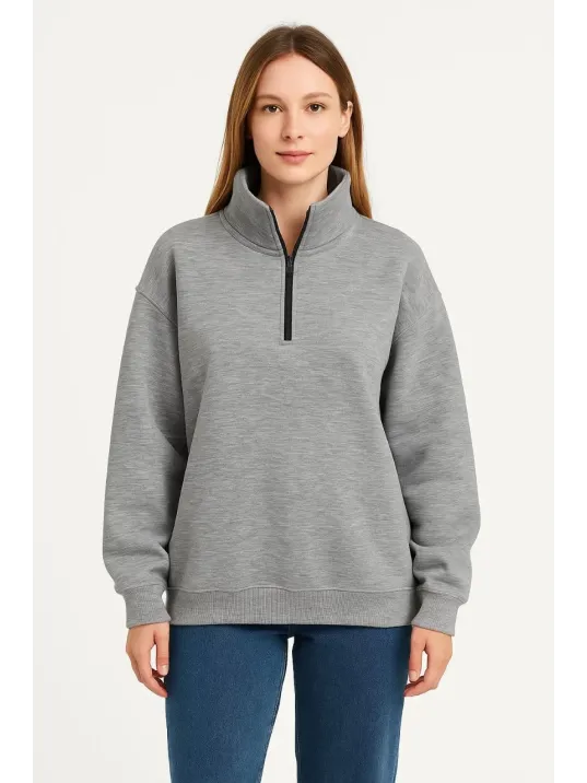 Kadın Üç İplik Dık Yaka Yarım Fermuarlı SweatShirt - Gri