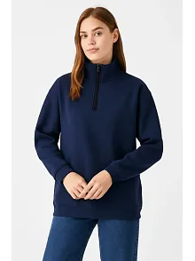 Kadın Üç İplik Dık Yaka Yarım Fermuarlı Sweatshirt - Lacivert