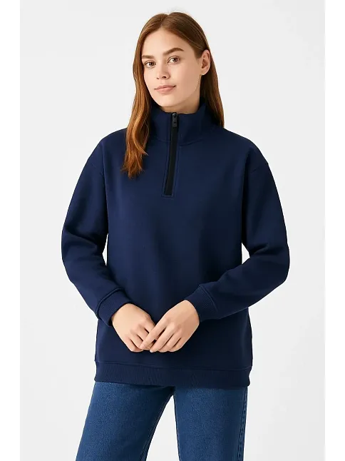 Kadın Üç İplik Dık Yaka Yarım Fermuarlı Sweatshirt - Lacivert