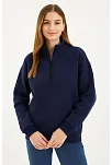 Kadın Üç İplik Dık Yaka Yarım Fermuarlı Sweatshirt - Lacivert