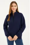 Kadın Üç İplik Dık Yaka Yarım Fermuarlı Sweatshirt - Lacivert