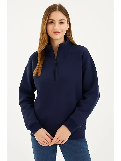 Kadın Üç İplik Dık Yaka Yarım Fermuarlı Sweatshirt - Lacivert