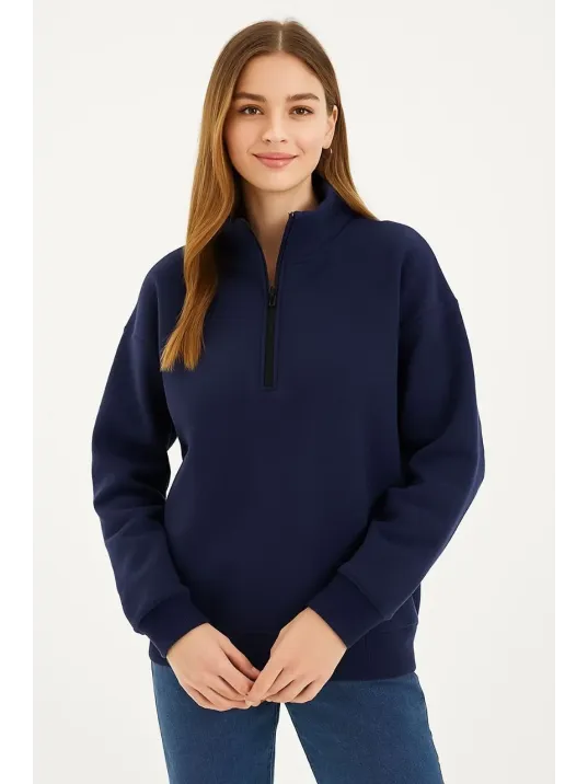 Kadın Üç İplik Dık Yaka Yarım Fermuarlı Sweatshirt - Lacivert