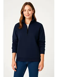Kadın Üç İplik Dık Yaka Yarım Fermuarlı Sweatshirt - Lacivert