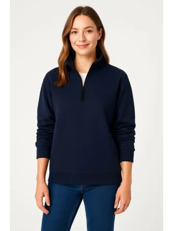 Kadın Üç İplik Dık Yaka Yarım Fermuarlı Sweatshirt - Lacivert