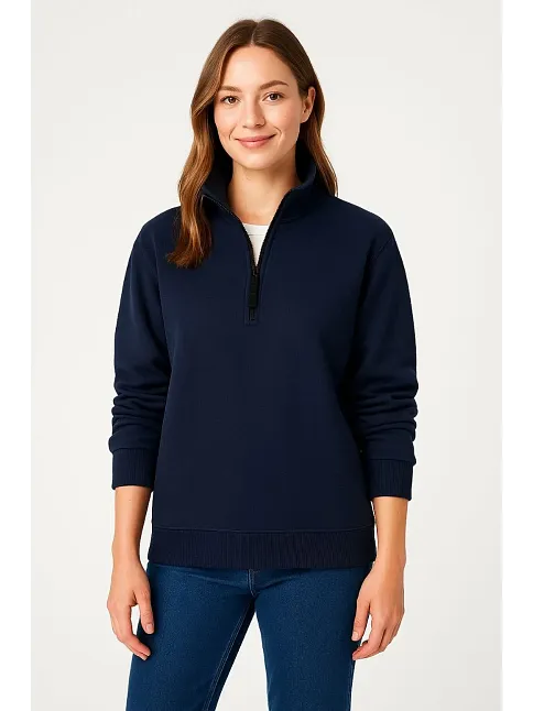 Kadın Üç İplik Dık Yaka Yarım Fermuarlı Sweatshirt - Lacivert