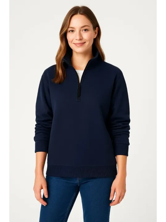 Kadın Üç İplik Dık Yaka Yarım Fermuarlı Sweatshirt - Lacivert