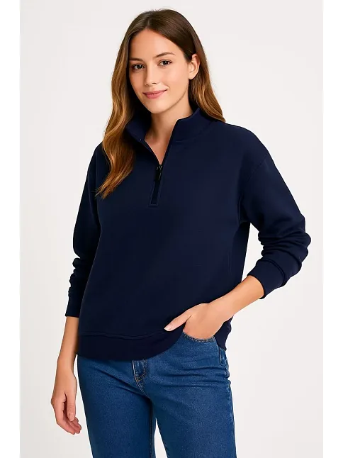 Kadın Üç İplik Dık Yaka Yarım Fermuarlı Sweatshirt - Lacivert