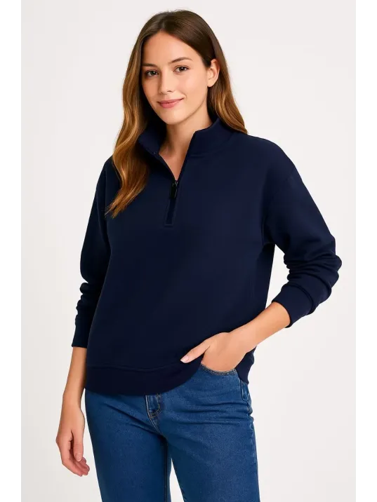Kadın Üç İplik Dık Yaka Yarım Fermuarlı Sweatshirt - Lacivert