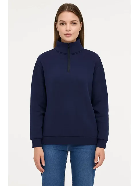 Kadın Üç İplik Dık Yaka Yarım Fermuarlı Sweatshirt - Lacivert