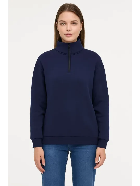 Kadın Üç İplik Dık Yaka Yarım Fermuarlı Sweatshirt - Lacivert