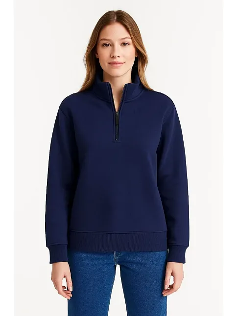 Kadın Üç İplik Dık Yaka Yarım Fermuarlı Sweatshirt - Lacivert
