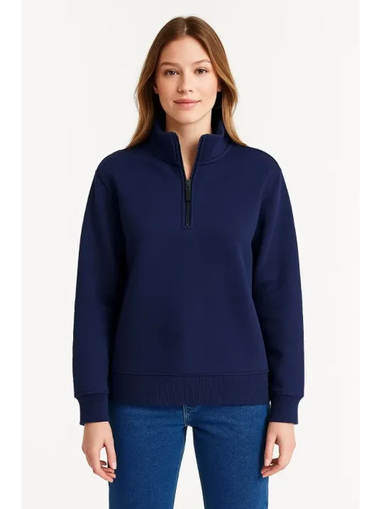 Kadın Üç İplik Dık Yaka Yarım Fermuarlı Sweatshirt - Lacivert