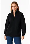 Kadın Üç İplik Dık Yaka Yarım Fermuarlı Sweatshirt - Siyah