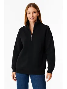 Kadın Üç İplik Dık Yaka Yarım Fermuarlı Sweatshirt - Siyah