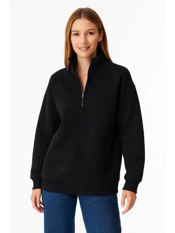 Kadın Üç İplik Dık Yaka Yarım Fermuarlı SweatShirt - Siyah Kadın Üç İplik Dık Yaka Yarım Fermuarlı SweatShirt - Siyah