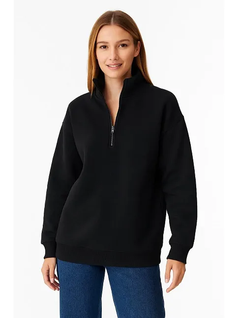 Kadın Üç İplik Dık Yaka Yarım Fermuarlı Sweatshirt - Siyah