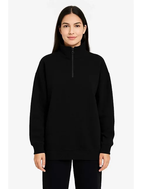 Kadın Üç İplik Dık Yaka Yarım Fermuarlı Sweatshirt - Siyah