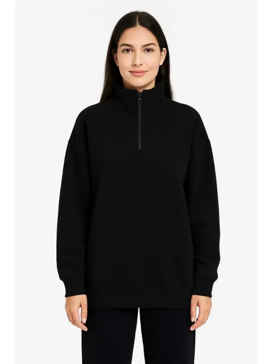 Kadın Üç İplik Dık Yaka Yarım Fermuarlı SweatShirt - Siyah Kadın Üç İplik Dık Yaka Yarım Fermuarlı SweatShirt - Siyah