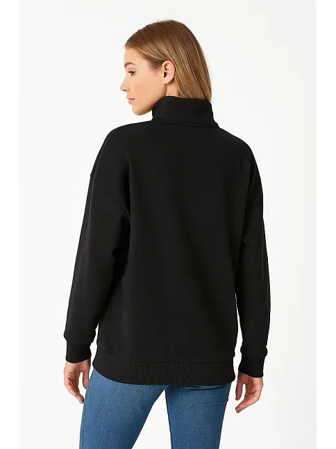 Kadın Üç İplik Dık Yaka Yarım Fermuarlı Sweatshirt - Siyah