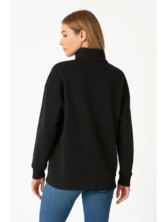 Kadın Üç İplik Dık Yaka Yarım Fermuarlı SweatShirt - Siyah Kadın Üç İplik Dık Yaka Yarım Fermuarlı SweatShirt - Siyah