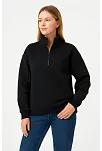 Kadın Üç İplik Dık Yaka Yarım Fermuarlı Sweatshirt - Siyah