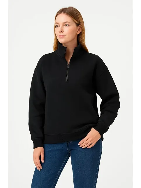 Kadın Üç İplik Dık Yaka Yarım Fermuarlı Sweatshirt - Siyah