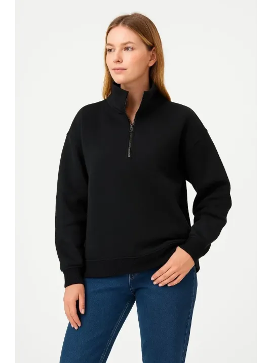 Kadın Üç İplik Dık Yaka Yarım Fermuarlı SweatShirt - Siyah Kadın Üç İplik Dık Yaka Yarım Fermuarlı SweatShirt - Siyah