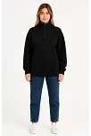 Kadın Üç İplik Dık Yaka Yarım Fermuarlı Sweatshirt - Siyah