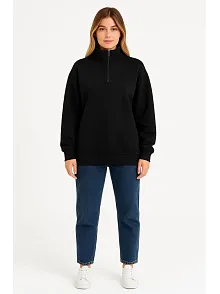 Kadın Üç İplik Dık Yaka Yarım Fermuarlı Sweatshirt - Siyah