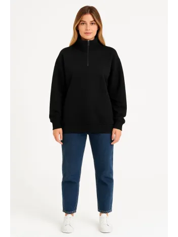 Kadın Üç İplik Dık Yaka Yarım Fermuarlı SweatShirt - Siyah Kadın Üç İplik Dık Yaka Yarım Fermuarlı SweatShirt - Siyah