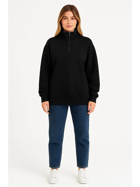 Kadın Üç İplik Dık Yaka Yarım Fermuarlı Sweatshirt - Siyah