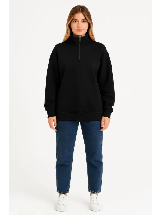 Kadın Üç İplik Dık Yaka Yarım Fermuarlı SweatShirt - Siyah Kadın Üç İplik Dık Yaka Yarım Fermuarlı SweatShirt - Siyah