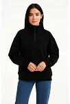 Kadın Üç İplik Dık Yaka Yarım Fermuarlı Sweatshirt - Siyah