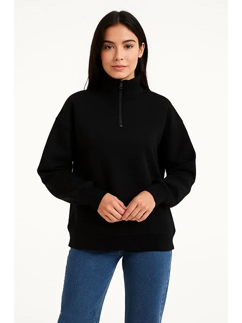 Kadın Üç İplik Dık Yaka Yarım Fermuarlı Sweatshirt - Siyah