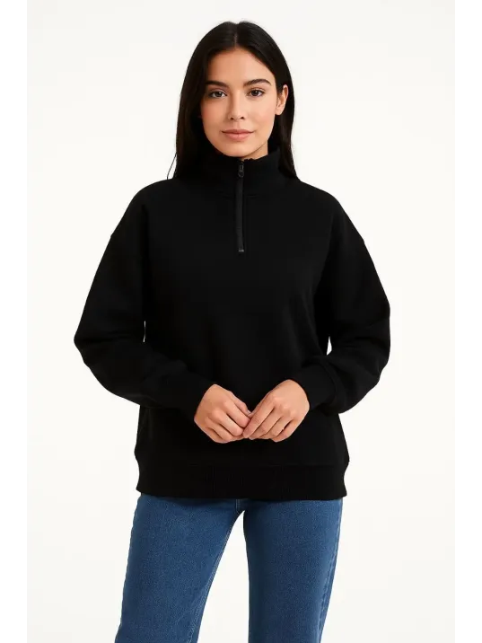 Kadın Üç İplik Dık Yaka Yarım Fermuarlı SweatShirt - Siyah Kadın Üç İplik Dık Yaka Yarım Fermuarlı SweatShirt - Siyah