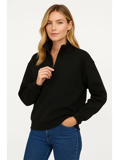 Kadın Üç İplik Dık Yaka Yarım Fermuarlı Sweatshirt - Siyah