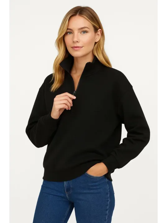 Kadın Üç İplik Dık Yaka Yarım Fermuarlı SweatShirt - Siyah Kadın Üç İplik Dık Yaka Yarım Fermuarlı SweatShirt - Siyah