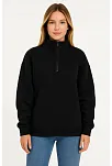 Kadın Üç İplik Dık Yaka Yarım Fermuarlı Sweatshirt - Siyah