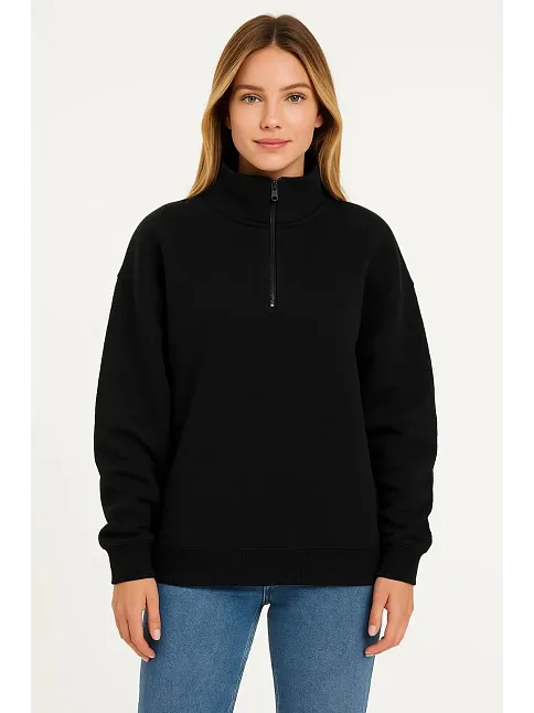 Kadın Üç İplik Dık Yaka Yarım Fermuarlı Sweatshirt - Siyah
