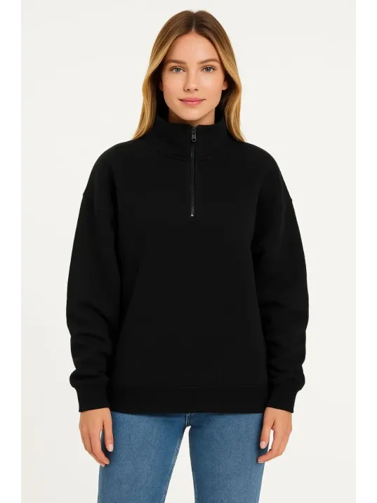 Kadın Üç İplik Dık Yaka Yarım Fermuarlı SweatShirt - Siyah Kadın Üç İplik Dık Yaka Yarım Fermuarlı SweatShirt - Siyah