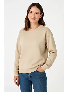 Kadın Üç İplik Düz Bisiklet Yaka Sweatshirt - Bej