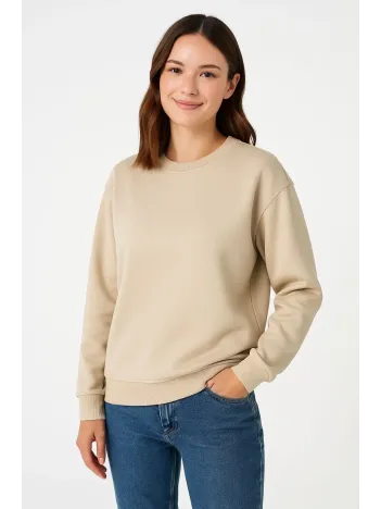 Kadın Üç İplik Düz Bisiklet Yaka SweatShirt - Bej Kadın Üç İplik Düz Bisiklet Yaka SweatShirt - Bej