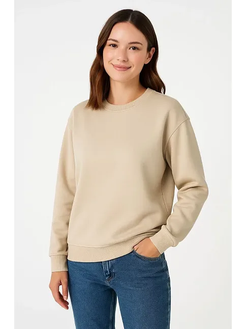 Kadın Üç İplik Düz Bisiklet Yaka Sweatshirt - Bej
