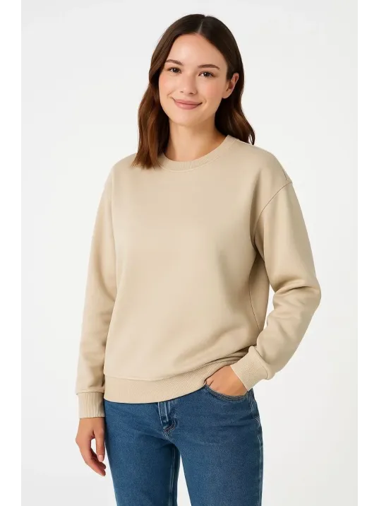 Kadın Üç İplik Düz Bisiklet Yaka SweatShirt - Bej Kadın Üç İplik Düz Bisiklet Yaka SweatShirt - Bej