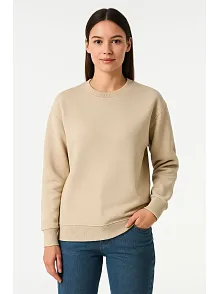Kadın Üç İplik Düz Bisiklet Yaka Sweatshirt - Bej
