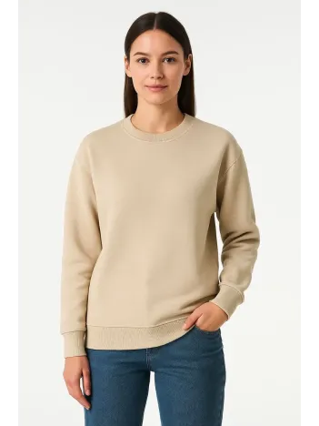 Kadın Üç İplik Düz Bisiklet Yaka SweatShirt - Bej Kadın Üç İplik Düz Bisiklet Yaka SweatShirt - Bej