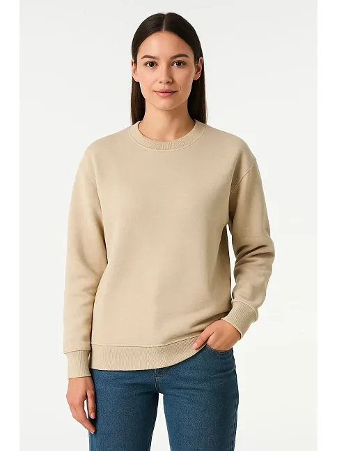 Kadın Üç İplik Düz Bisiklet Yaka Sweatshirt - Bej