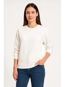 Kadın Üç İplik Düz Bisiklet Yaka Sweatshirt - Beyaz