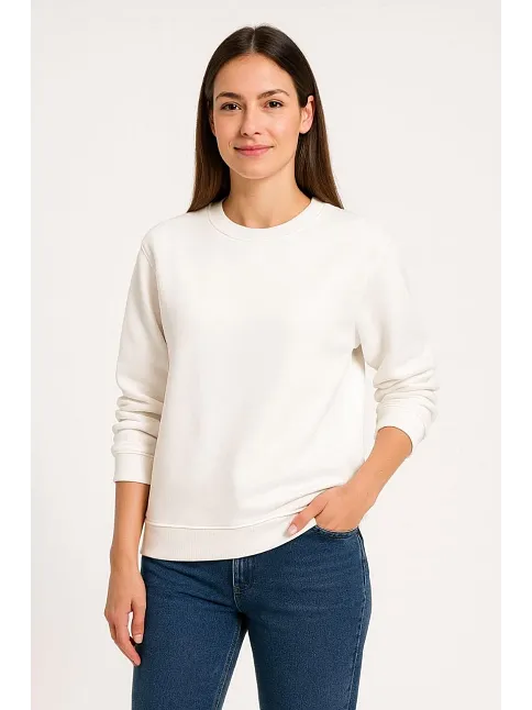 Kadın Üç İplik Düz Bisiklet Yaka Sweatshirt - Beyaz